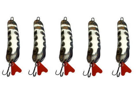 5 x Ripple Spoon Lures with Red Tail - Pike, Sea, Salmon Fishing
