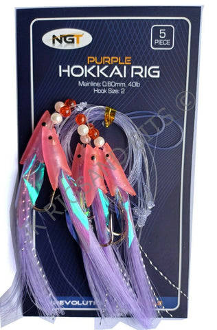 Purple Hokkai Feather Lure Rigs Cod Mackerel Pollock Sea Fishing Hockeyes 5 hook