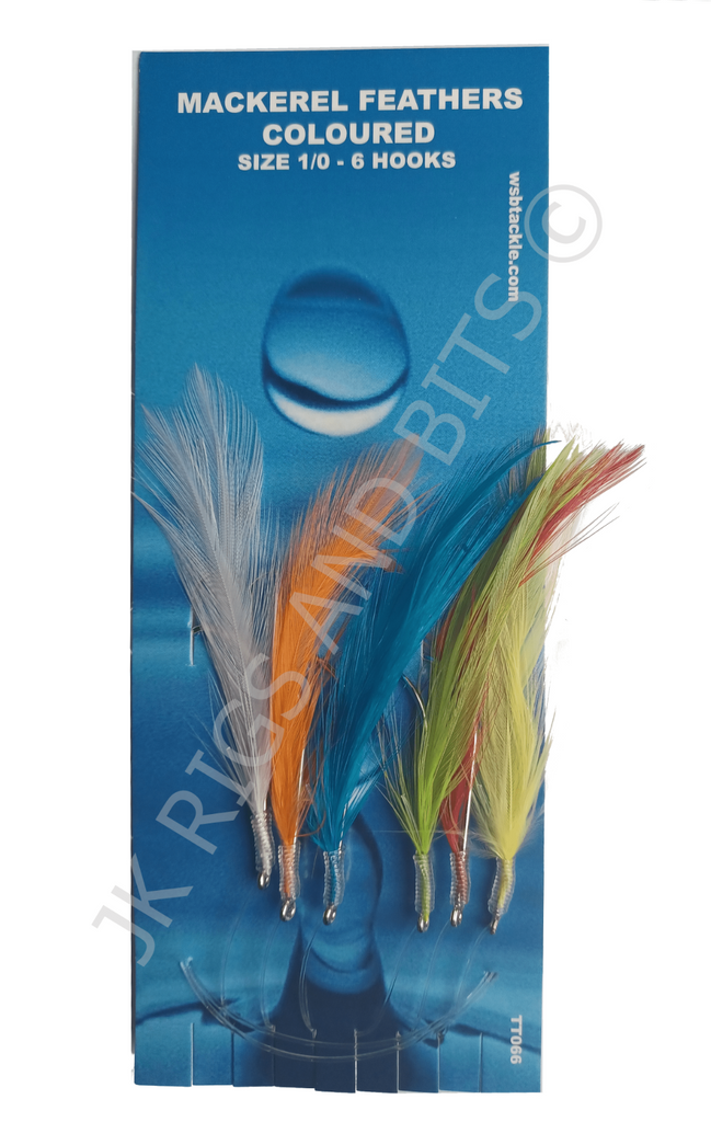 Mackerel Feathers - 6 Hooks Multi - Coloured Sea Fishing Feather Rig - Size 1/0
